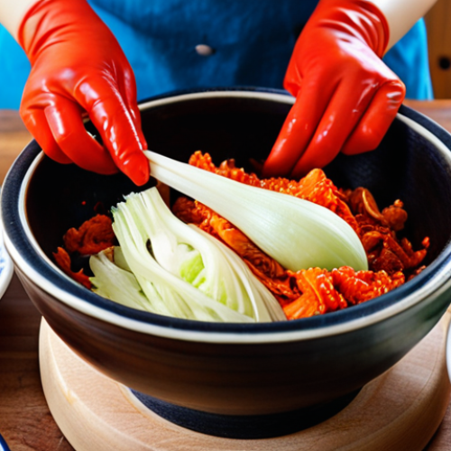 Home 4 **Image Prompt:** A vibrant, close-up shot of homemade kimchi being prepared. Focus on the bright red color of the Go-Chu-Garoo pepper flakes coating the Napa cabbage. Include hands wearing gloves, carefully mixing the ingredients in a traditional Korean ceramic bowl. Background should feature other fresh ingredients like garlic, ginger, and scallions, suggesting a home kitchen setting. The overall tone should be warm and inviting, emphasizing the rich flavors and cultural heritage of kimchi.