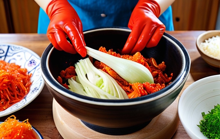 **Image Prompt:** A vibrant, close-up shot of homemade kimchi being prepared. Focus on the bright red color of the Go-Chu-Garoo pepper flakes coating the Napa cabbage. Include hands wearing gloves, carefully mixing the ingredients in a traditional Korean ceramic bowl. Background should feature other fresh ingredients like garlic, ginger, and scallions, suggesting a home kitchen setting. The overall tone should be warm and inviting, emphasizing the rich flavors and cultural heritage of kimchi.